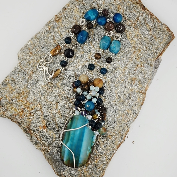 AGATE, AMAZONITE & TIGERS EYE GENUINE GEMSTONE NECKLACE HANDMADE STERLING SILVER - Picture 3 of 14